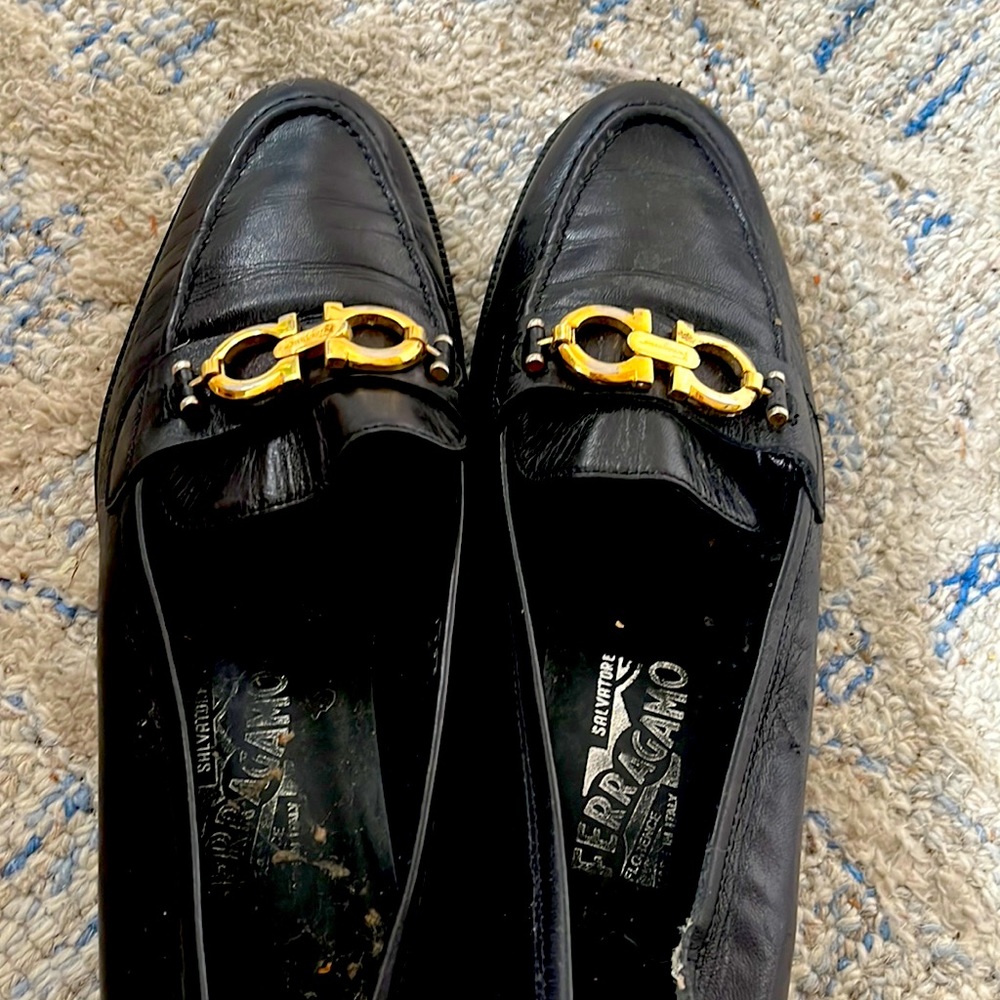 Black Ferragamo loafers in good condition.